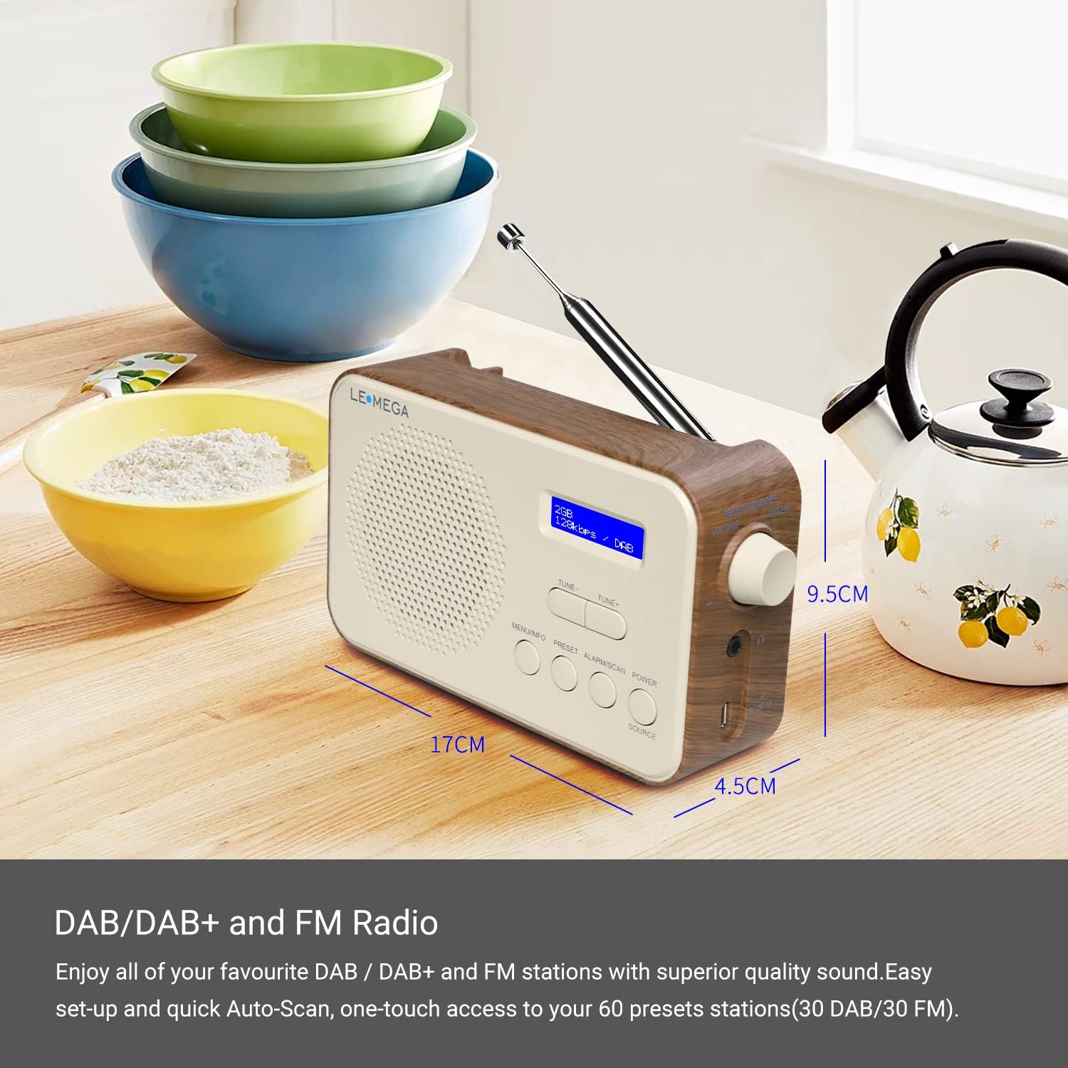 Lemega PR2 Portable DAB Radio with Dual Alarm – Walnut